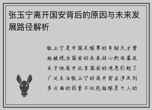 张玉宁离开国安背后的原因与未来发展路径解析