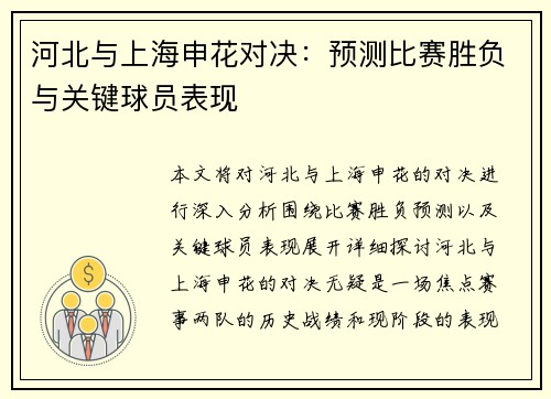 河北与上海申花对决：预测比赛胜负与关键球员表现